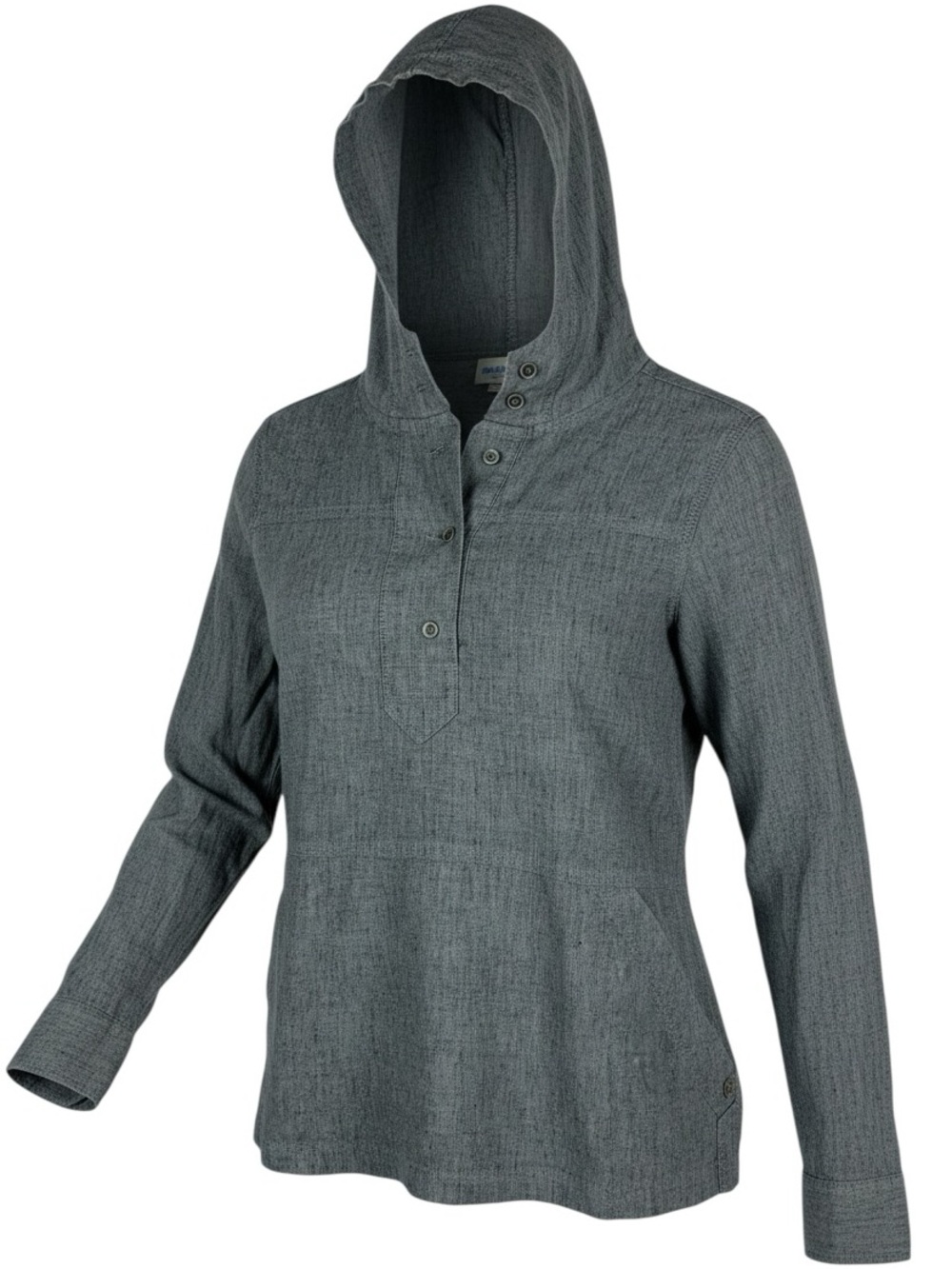 PrAna Gray Chambray Linen Hooded Henley Pullover Top Roll Tab Sleeve Boho Size M